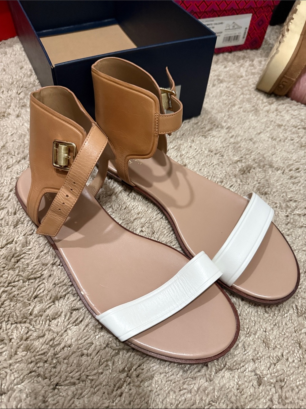Cole Haan White and Tan Leather Ankle-Strap Sandals
